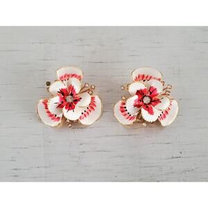 Vintage Red and White Metal Enamel Large Clip On Earrings